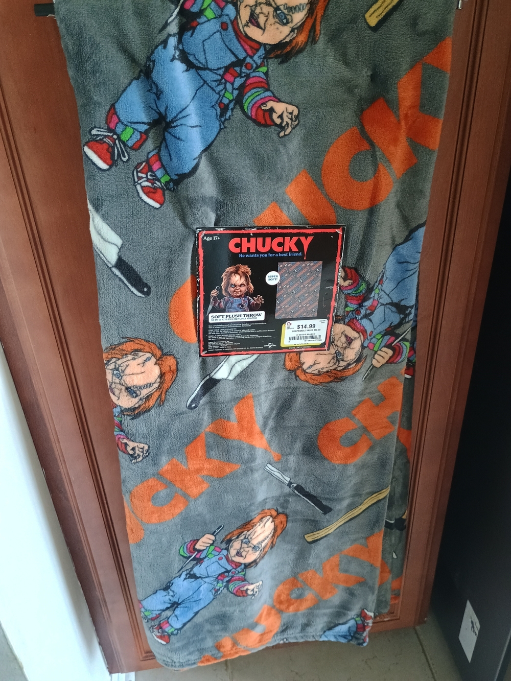 Chucky Fleece Throw Blanket - Gray & Orange Horror Print